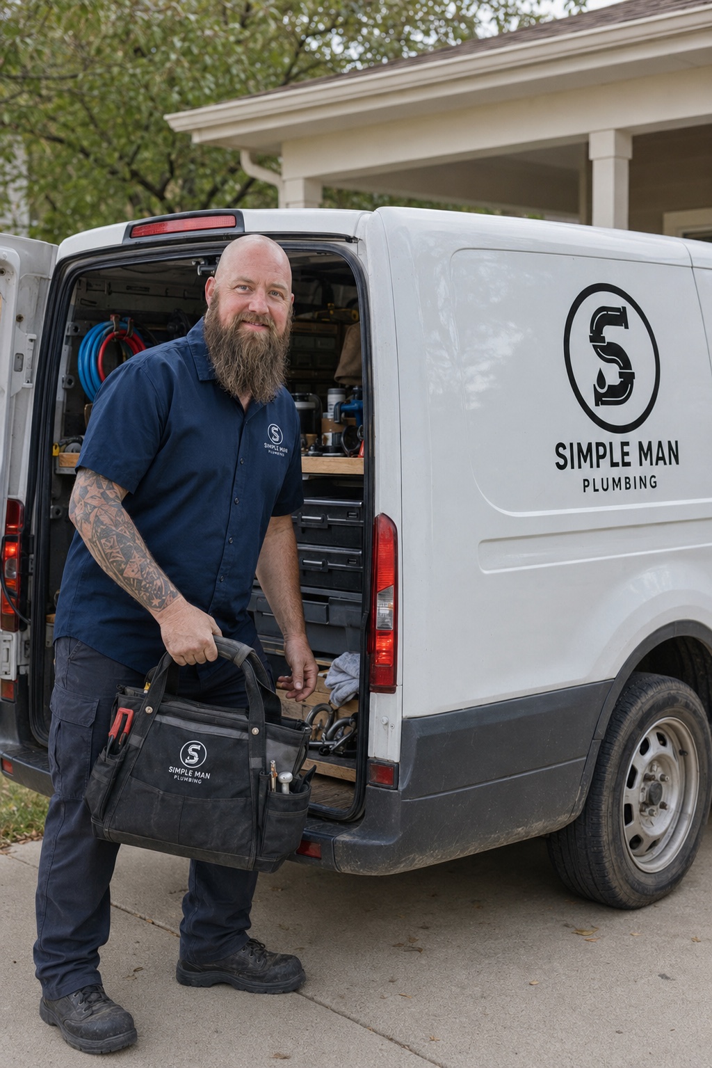 Dave loading his tool bag at the Simple Man Plumbing van