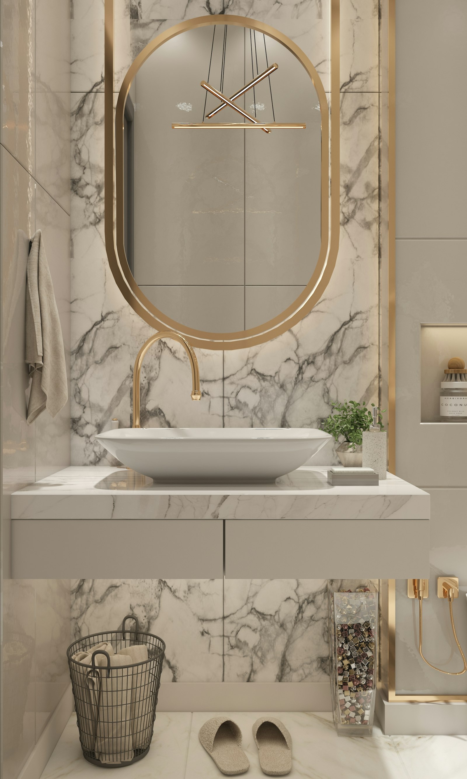 A finished primary bath in marble and brass, recently fitted by Simple Man Plumbing